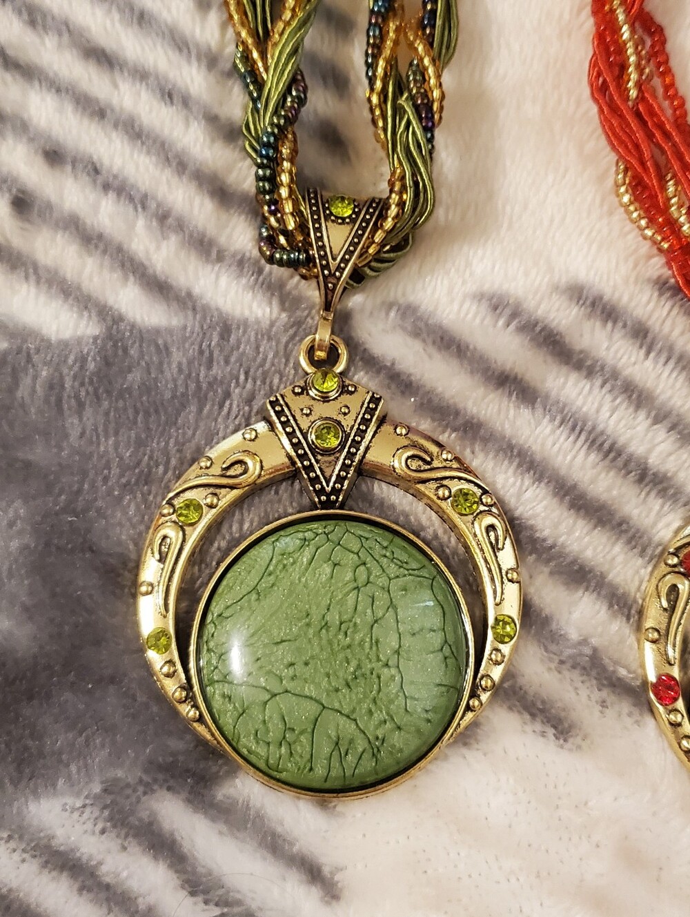 New Boho Antique Gold Sage Green Crackle Statement Necklace